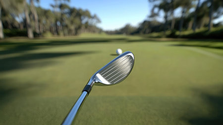 Iron golf club mid-swing position with ball in motion blur, clean course backgroundの素材
