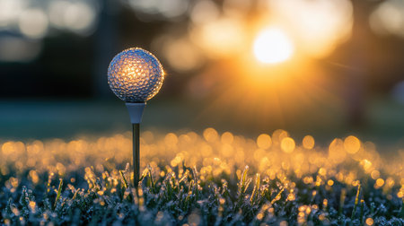 Isolated clubhead silhouette against the early morning sun, dew on grassの素材