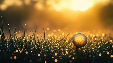Isolated clubhead silhouette against the early morning sun, dew on grassの素材