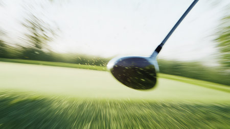 Iron golf club mid-swing position with ball in motion blur, clean course backgroundの素材