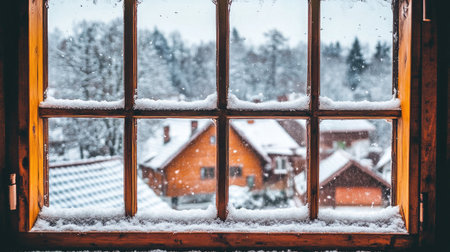 Winter view from attic window overlooking snow-covered rooftops, cozy insideの素材