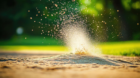 Sand wedge creating splash in slow motion with grainy bunker surface flyingの素材
