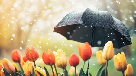 Open umbrella among tulips in a peaceful botanical garden, gentle wind rustling leavesの素材