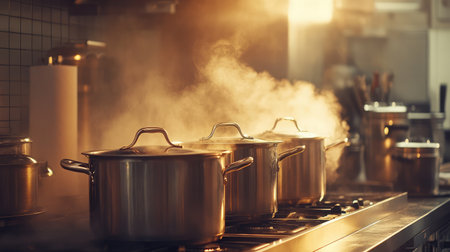 Industrial kitchen with steam rising from pots on a large stove, with everything perfectly arrangedの素材
