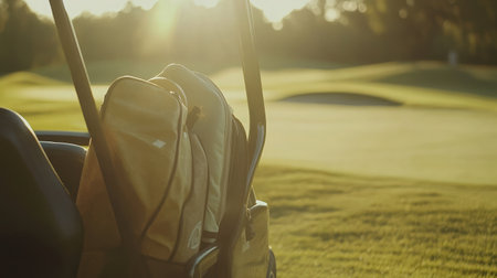 Club bag in golf cart, parked beside a tee box on sunny courseの素材