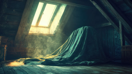 Forgotten attic storage with dusty blanket covering a mysterious objectの素材