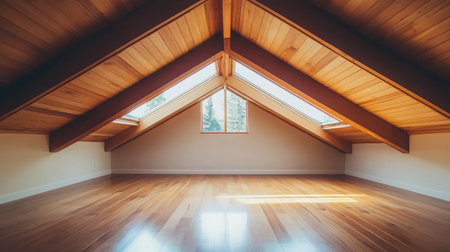 Empty attic with clean wooden floor, exposed rafters, and light filtering through a skylightの素材