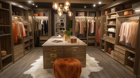 Boutique-inspired walk-in closet with fur rug, hanging silk robes, and custom island drawer unitの素材