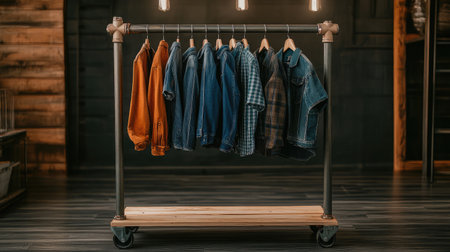 DIY clothes rack made from old plumbing pipes and scrap wood baseの素材