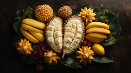 Durian displayed with banana and mango on a tropical fruit platterの素材