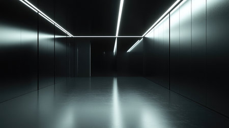 Modern luxury dressing space with sleek black wardrobes, ambient strip lighting, and reflective surfacesの素材