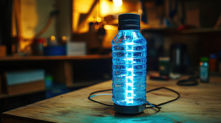 Homemade lamp made from plastic bottles and wire, glowing on a wooden table in a workshopの素材