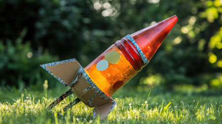 Recycled bottle rocket made from soda bottles, cardboard fins, and duct tapeの素材