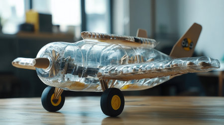 Toy airplane made from plastic bottles, cardboard wings, and stick wheelsの素材