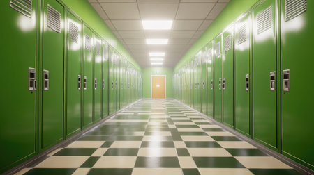 Green high school lockers aligned on both sides of a quiet corridor with checkered floorの素材