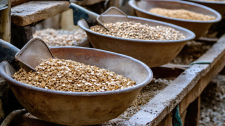 Gold panning station at a remote mine with sieves, basins, and gravel on the floorの素材