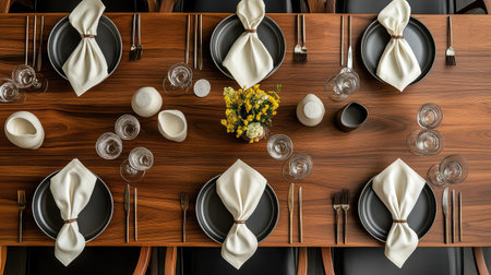 Artfully arranged dining table with handcrafted ceramics and linen napkins folded creativelyの素材