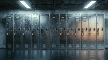 Industrial gym lockers in a concrete room, metallic surfaces reflecting overhead lights, organized in even rowsの素材