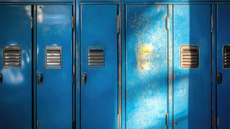 Aging metal lockers in a dimly lit school basement corridor with scuffed paint and dentsの素材