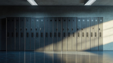 Industrial gym lockers in a concrete room, metallic surfaces reflecting overhead lights, organized in even rowsの素材