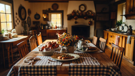 Country-style dining table set with gingham napkins, floral arrangements, and ceramic pitchersの素材