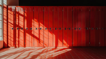 Red school lockers with closed doors and combination locks, set in a quiet hallway with tiled floorの素材