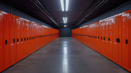 Row of bright orange lockers in a warehouse breakroom with industrial lightingの素材