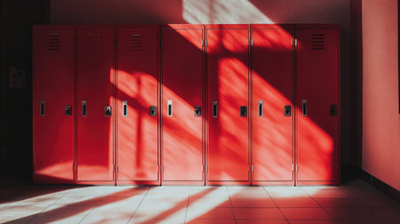 Red school lockers with closed doors and combination locks, set in a quiet hallway with tiled floorの素材