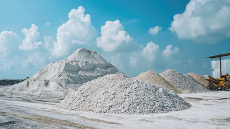 Piles of extracted minerals sorted by type near a large storage warehouse on a mine siteの素材