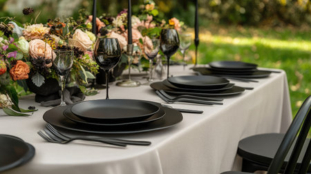Monochrome dining table setup with black plates, matte cutlery, and minimalist chairsの素材