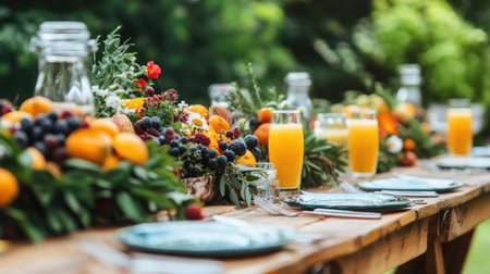 Outdoor wooden dining table set for a summer meal with fresh fruit, juice glasses, and greenery all aroundの素材