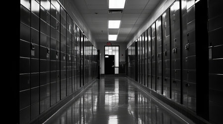 School locker corridor with reflections from windows, clean tiles, and uniform locker rowsの素材