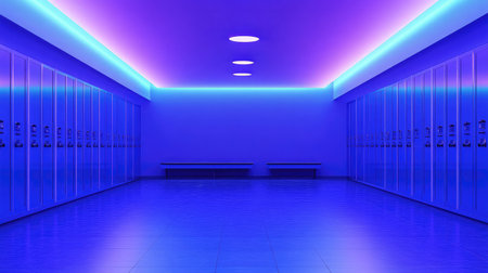 Sport locker room with team-colored lockers and empty benches under strip lightingの素材