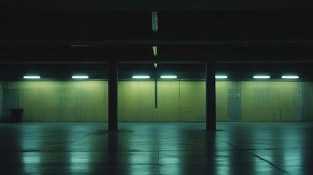 Tunnel junction in an underground mine lit by low yellow industrial lights, cables along the wallsの素材