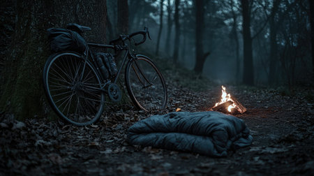 Bicycle leaned against a tree with a small campfire site and rolled sleeping bag on the groundの素材