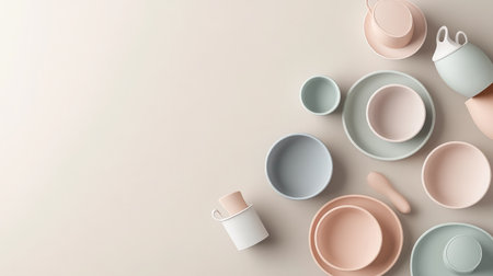 Minimalist kids' table setup with soft pastel tones, small plates, and sippy cups neatly arrangedの素材