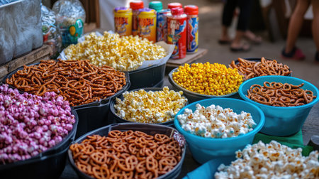 Children's snack table with bright bowls of popcorn, pretzels, and juice boxes arranged neatlyの素材