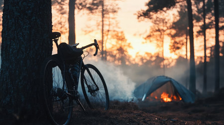 Bike leaning on a tree at dusk with a smoldering campfire, tent barely visible in backgroundの素材