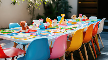 Colorful children's dining table with bright plastic chairs, cartoon placemats, and animal-shaped platesの素材