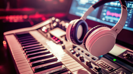 Headphones hanging from a dual-monitor arm next to a keyboard and stylus padの素材