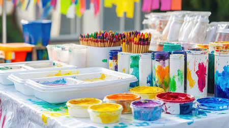 Colorful art-themed table with meal trays beside paints, crayons, and booksの素材