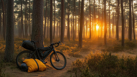 Gravel bike and bivvy bag setup under pine trees in a quiet forest clearing at dawnの素材