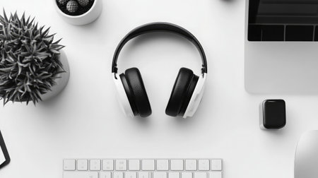 Black headphones on a silver desktop computer, surrounded by minimalist desk accessoriesの素材