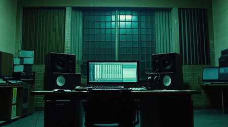 Audio workstation with monitor speakers, computer, and headphones in a dim-lit sound boothの素材