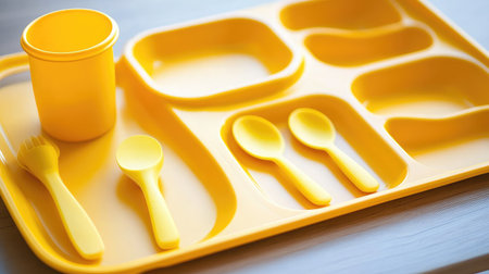 Simple toddler table with sectioned plates, soft spoons, and a bright yellow sippy cupの素材
