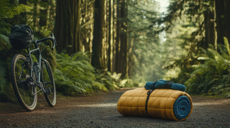 Roadside stop with bicycle, rolled sleeping bag, and packed gear by a forest trailheadの素材