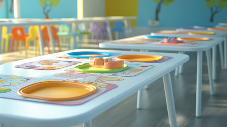 Minimal white kids' table with clean lines, colorful lunch trays, and learning-themed matsの素材