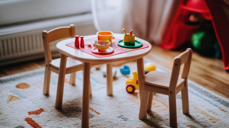 Small wooden dining table for kids with miniature chairs and cute table settings with toys nearbyの素材