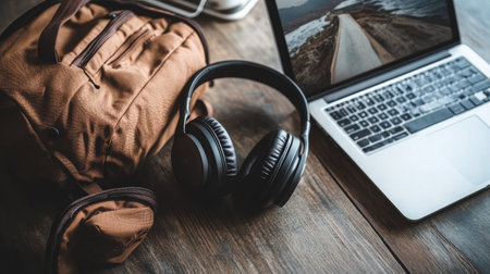 Portable headphones lying next to a tablet and laptop in a travel-ready compact workspaceの素材