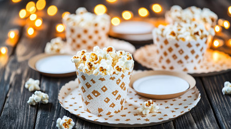 Themed dining setup for kids' movie night with popcorn, small trays, and cozy lightingの素材